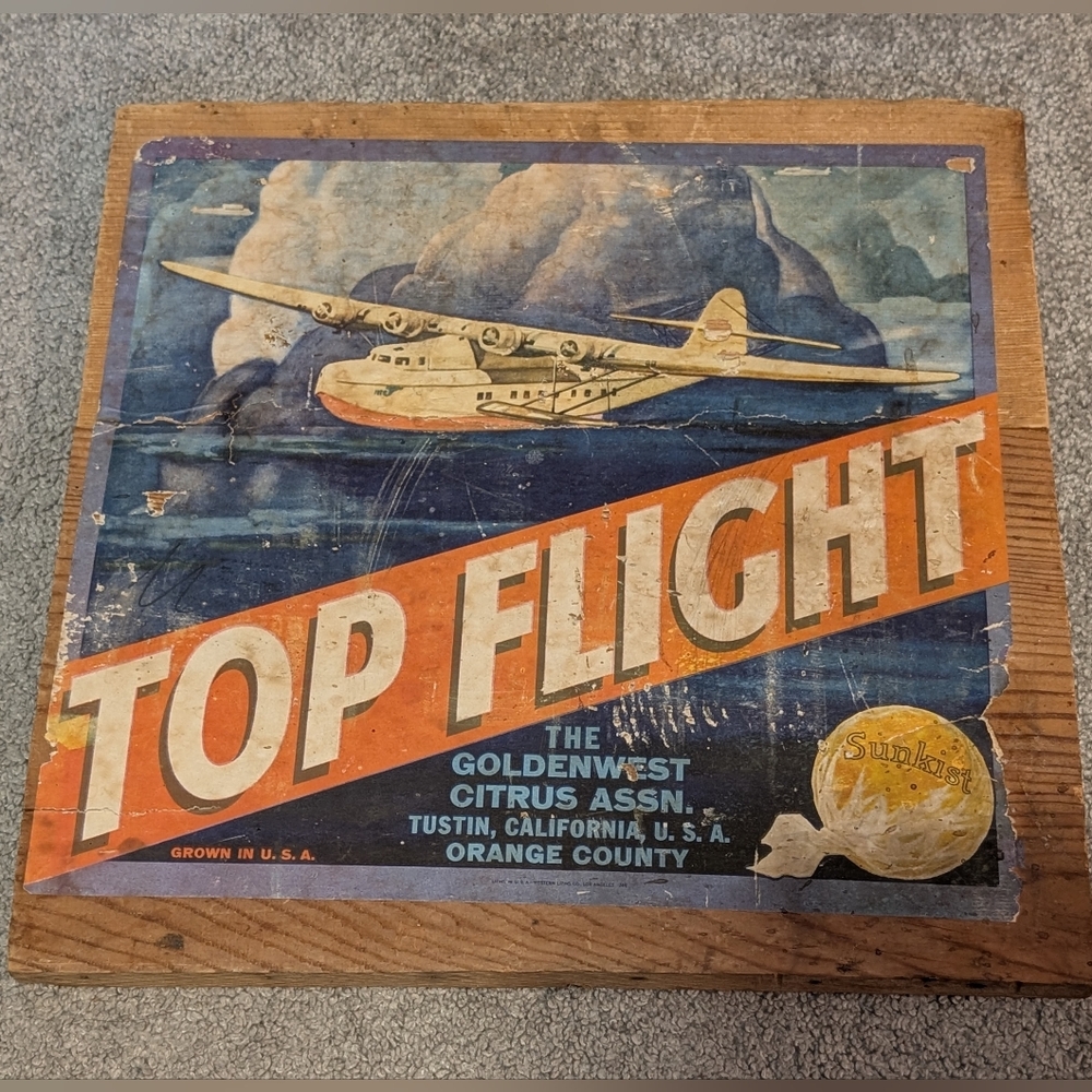 Rare Large 1930s Top Flight Sunkist Orange Label on Wooden Crate End Aeroplane
